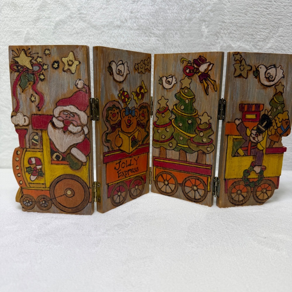 VTG Handmade Hand Painted Wood Christmas Jolly Express Train Folding Decoration